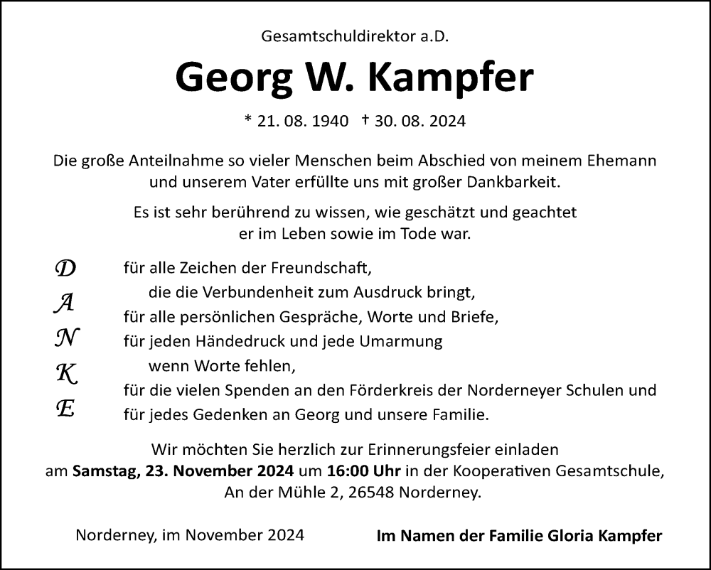  Traueranzeige für Georg W. Kampfer vom 09.11.2024 aus Ostfriesischer Kurier GmbH
