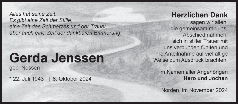  Traueranzeige für Gerda Jenssen vom 09.11.2024 aus Ostfriesischer Kurier GmbH