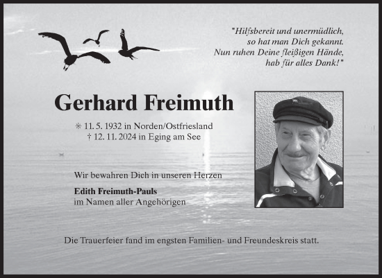 Traueranzeige von Gerhard Freimuth von Ostfriesischer Kurier GmbH