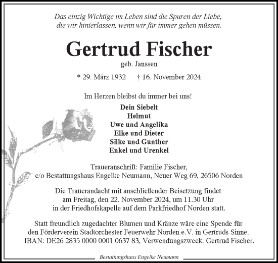 Traueranzeige von Gertrud Fischer von Ostfriesischer Kurier GmbH