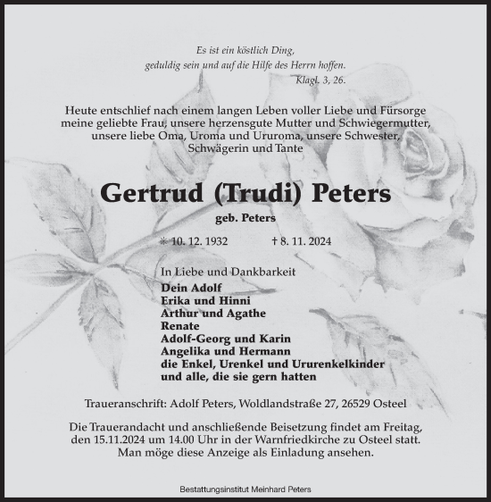 Traueranzeige von Gertrud Peters von Ostfriesischer Kurier GmbH