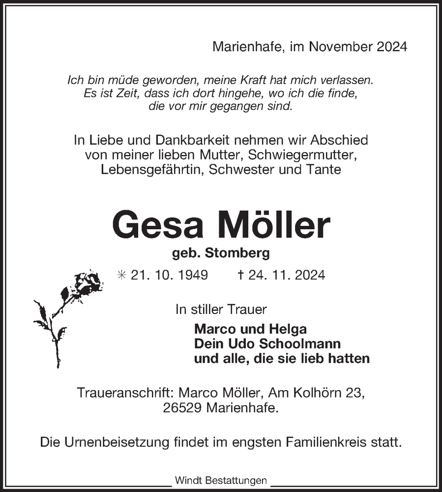  Traueranzeige für Gesa Möller vom 26.11.2024 aus Ostfriesischer Kurier GmbH