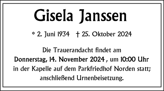 Traueranzeige von Gisela Janssen von Ostfriesischer Kurier GmbH