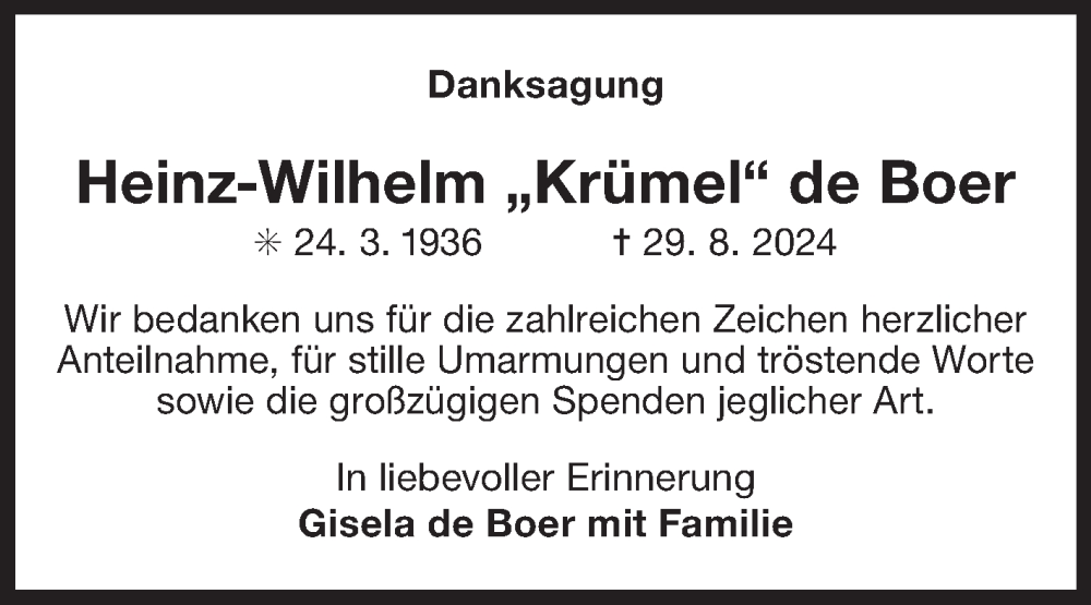  Traueranzeige für Heinz-Wilhelm de Boer vom 05.11.2024 aus Ostfriesischer Kurier GmbH