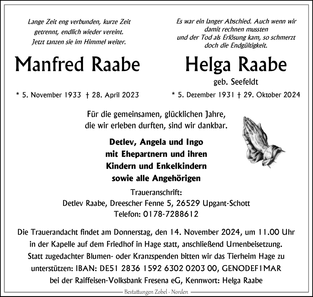  Traueranzeige für Helga Raabe vom 05.11.2024 aus Ostfriesischer Kurier GmbH