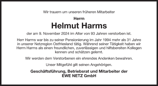 Traueranzeige von Helmut Harms von Ostfriesischer Kurier GmbH