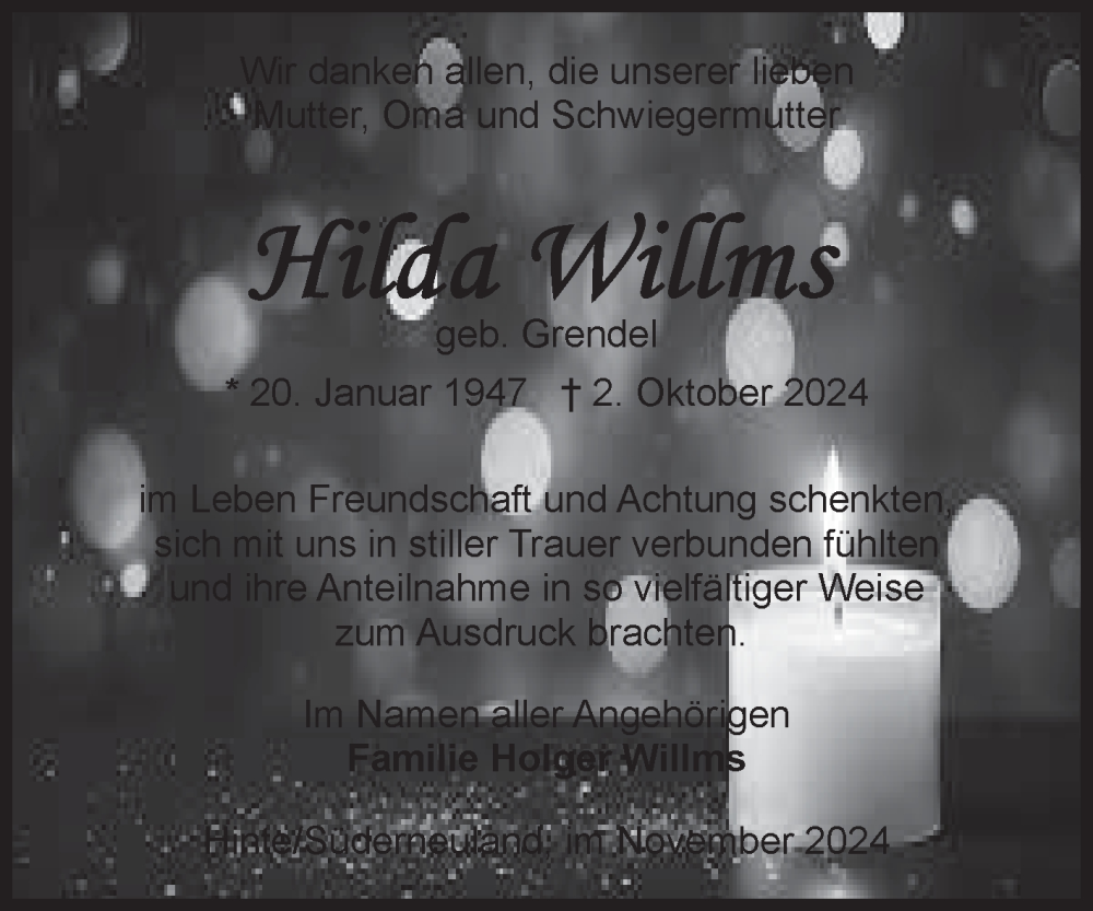  Traueranzeige für Hilda Willms vom 30.11.2024 aus Ostfriesischer Kurier GmbH