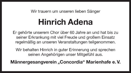 Traueranzeige von Hinrich Adena von Ostfriesischer Kurier GmbH