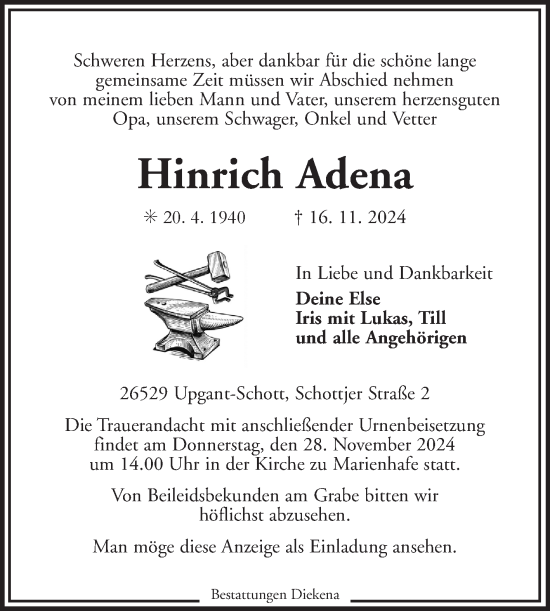Traueranzeige von Hinrich Adena von Ostfriesischer Kurier GmbH