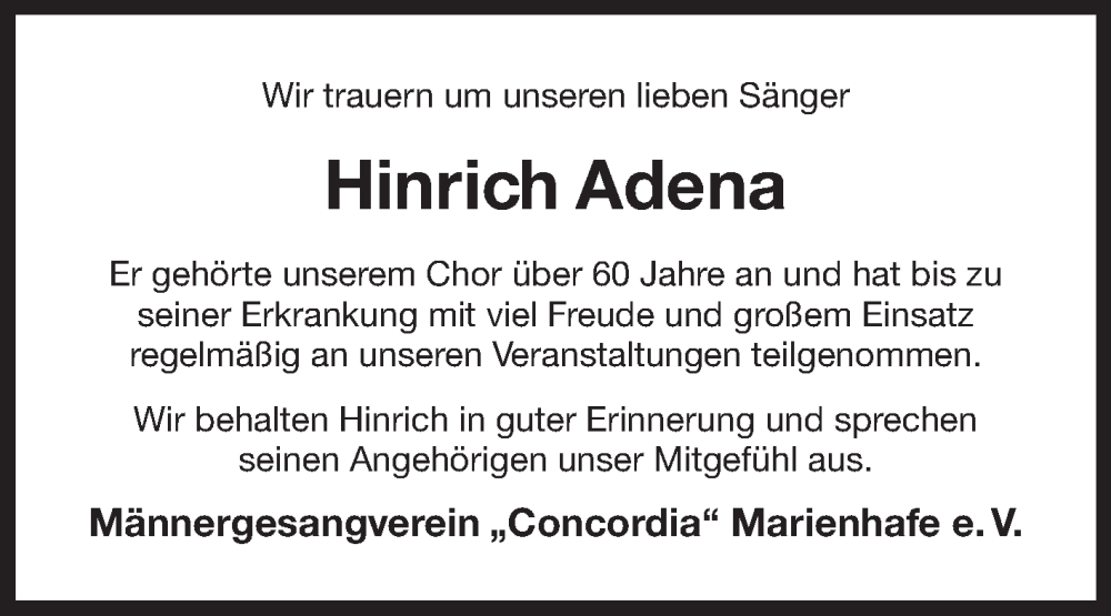  Traueranzeige für Hinrich Adena vom 20.11.2024 aus Ostfriesischer Kurier GmbH