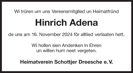 Traueranzeige von Hinrich Adena von Ostfriesischer Kurier GmbH