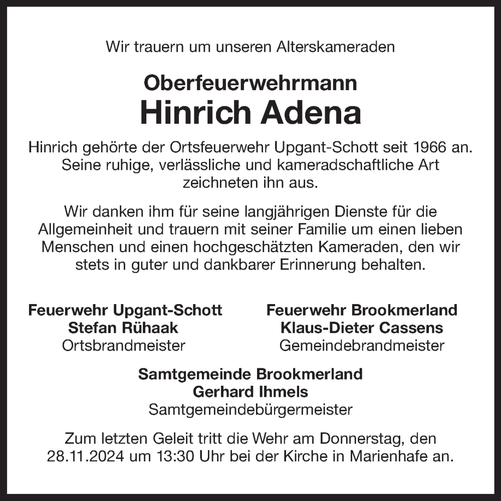  Traueranzeige für Hinrich Adena vom 20.11.2024 aus Ostfriesischer Kurier GmbH