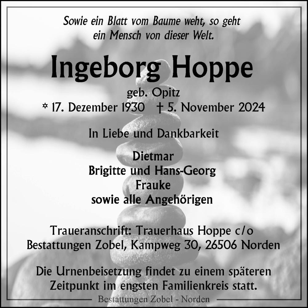  Traueranzeige für Ingeborg Hoppe vom 09.11.2024 aus Ostfriesischer Kurier GmbH