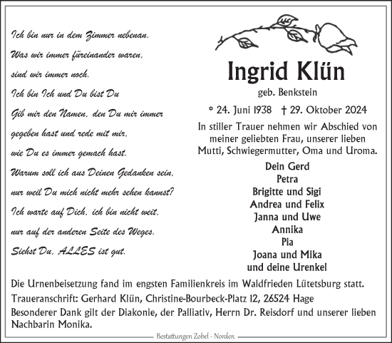 Traueranzeige von Ingrid Klün von Ostfriesischer Kurier GmbH