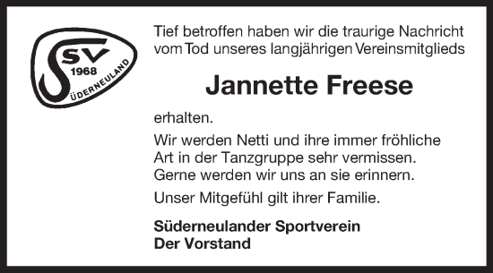 Traueranzeige von Jannette Freese von Ostfriesischer Kurier GmbH