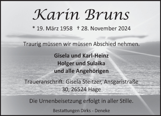 Traueranzeige von Karin Bruns von Ostfriesischer Kurier GmbH
