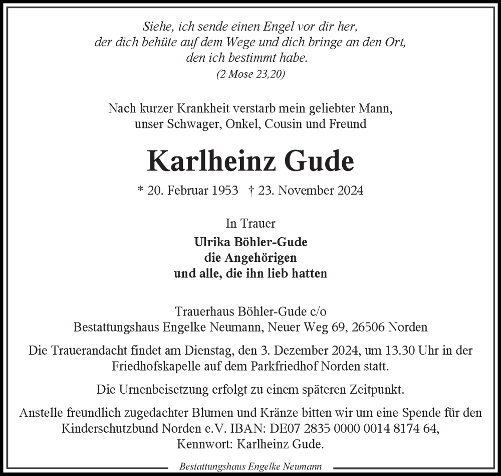  Traueranzeige für Karlheinz Gude vom 30.11.2024 aus Ostfriesischer Kurier GmbH