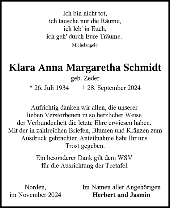 Traueranzeige von Klara Anna Margaretha Schmidt von Ostfriesischer Kurier GmbH