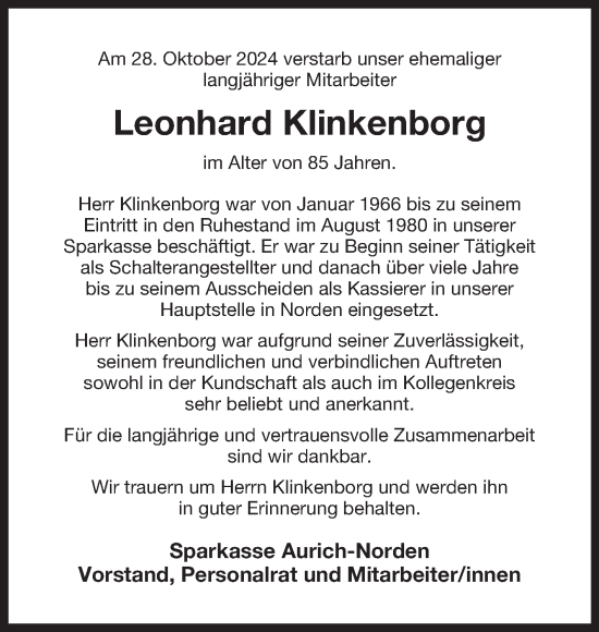 Traueranzeige von Leonhard Klinkenborg von Ostfriesischer Kurier GmbH