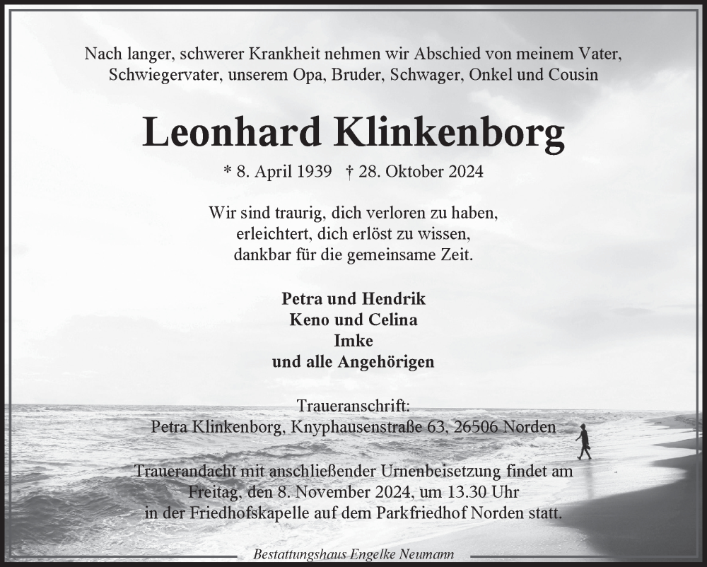  Traueranzeige für Leonhard Klinkenborg vom 02.11.2024 aus Ostfriesischer Kurier GmbH