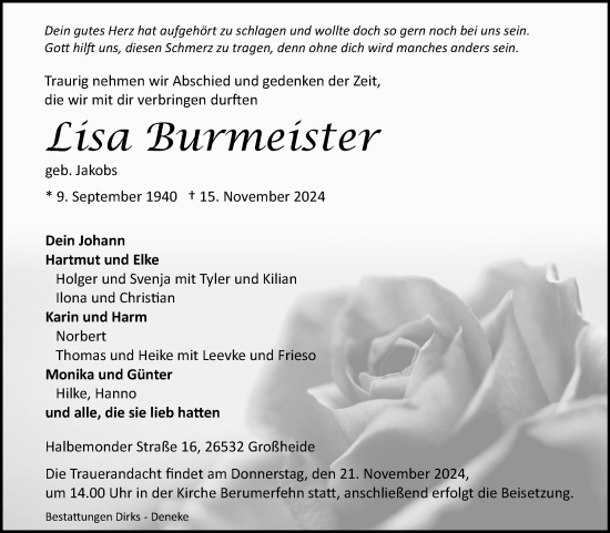 Traueranzeige von Lisa Burmeister von Ostfriesischer Kurier GmbH