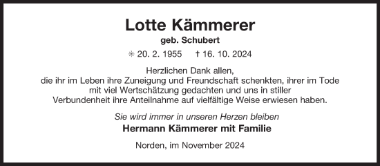 Traueranzeige von Lotte Kämmerer von Ostfriesischer Kurier GmbH