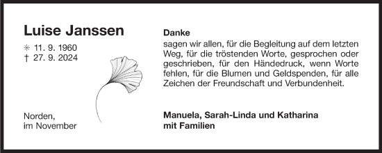 Traueranzeige von Luise Janssen von Ostfriesischer Kurier GmbH