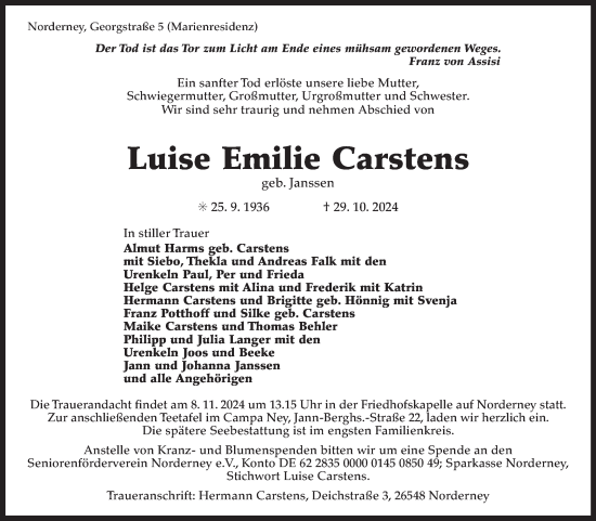 Traueranzeige von Luise Emilie Carstens von Ostfriesischer Kurier GmbH