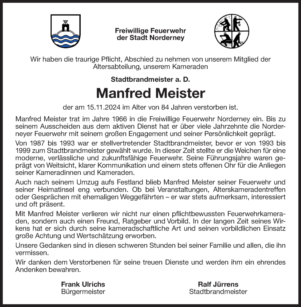  Traueranzeige für Manfred Meister vom 20.11.2024 aus Ostfriesischer Kurier GmbH
