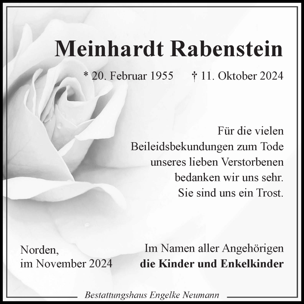  Traueranzeige für Meinhardt Rabenstein vom 23.11.2024 aus Ostfriesischer Kurier GmbH