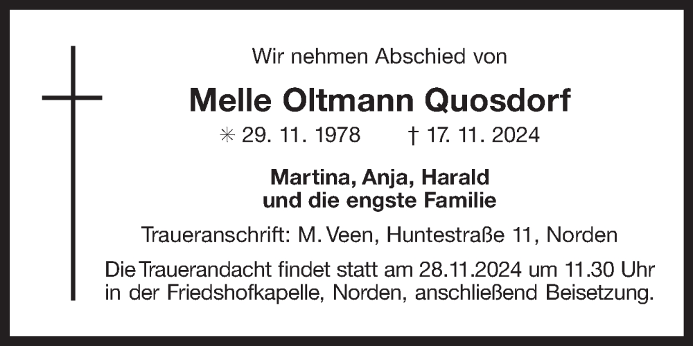  Traueranzeige für Melle Oltmann Quosdorf vom 27.11.2024 aus Ostfriesischer Kurier GmbH