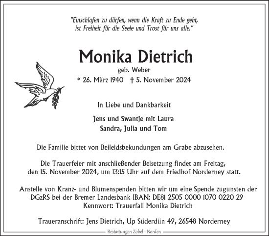 Traueranzeige von Monika Dietrich von Ostfriesischer Kurier GmbH