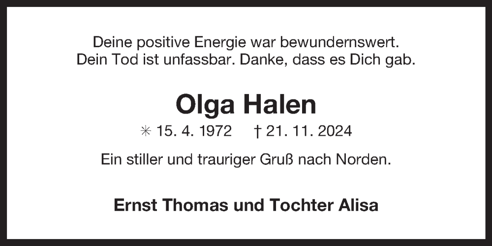  Traueranzeige für Olga Halen vom 26.11.2024 aus Ostfriesischer Kurier GmbH
