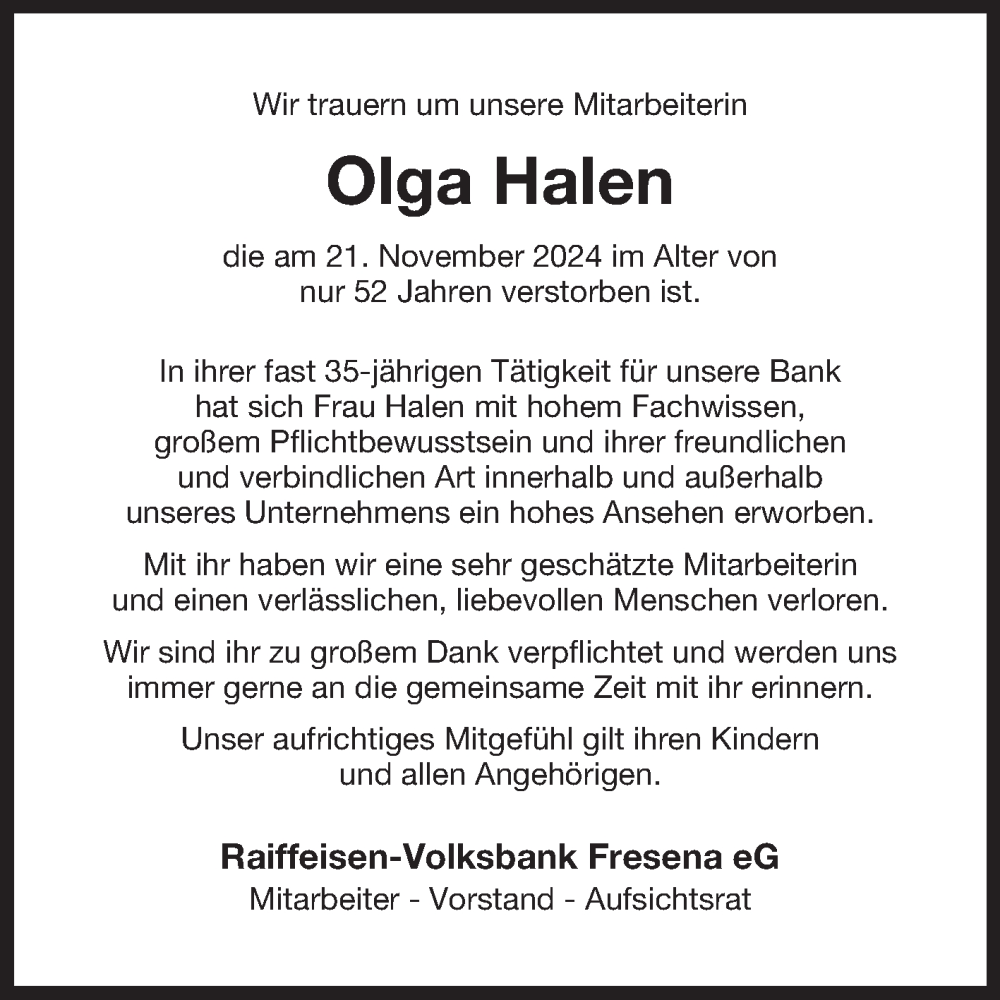  Traueranzeige für Olga Halen vom 26.11.2024 aus Ostfriesischer Kurier GmbH