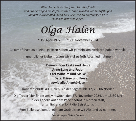 Traueranzeige von Olga Halen von Ostfriesischer Kurier GmbH