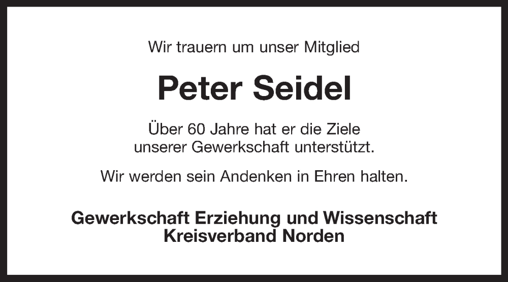  Traueranzeige für Peter Seidel vom 02.11.2024 aus Ostfriesischer Kurier GmbH