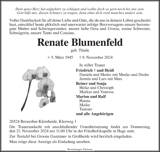 Traueranzeige von Renate Blumenfeld von Ostfriesischer Kurier GmbH
