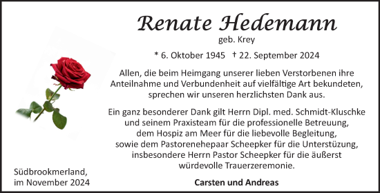 Traueranzeige von Renate Hedemann von Ostfriesischer Kurier GmbH