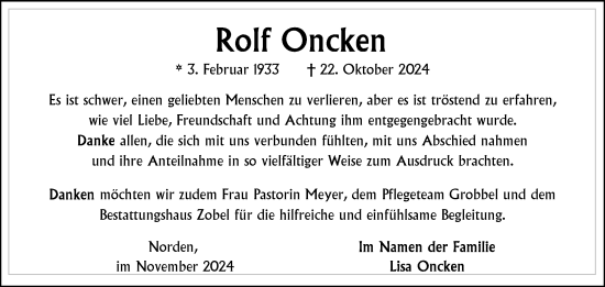 Traueranzeige von Rolf Oncken von Ostfriesischer Kurier GmbH