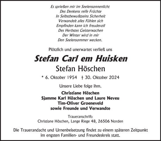 Traueranzeige von Stefan Höschen von Ostfriesischer Kurier GmbH