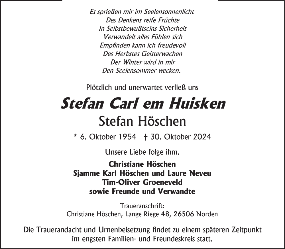  Traueranzeige für Stefan Höschen vom 05.11.2024 aus Ostfriesischer Kurier GmbH