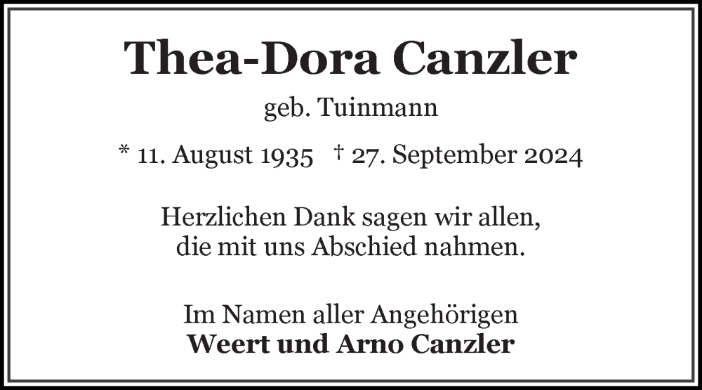  Traueranzeige für Thea-Dora Canzler vom 23.11.2024 aus Ostfriesischer Kurier GmbH