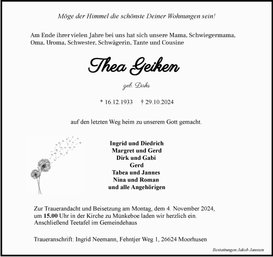Traueranzeige von Thea Geiken von Ostfriesischer Kurier GmbH