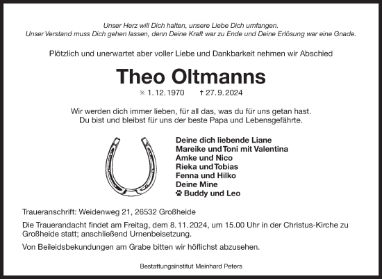 Traueranzeige von Theo Oltmanns von Ostfriesischer Kurier GmbH