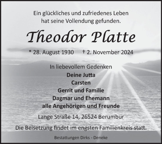 Traueranzeige von Theodor Platte von Ostfriesischer Kurier GmbH