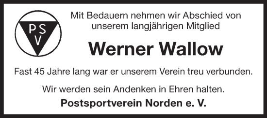 Traueranzeige von Werner Wallow von Ostfriesischer Kurier GmbH