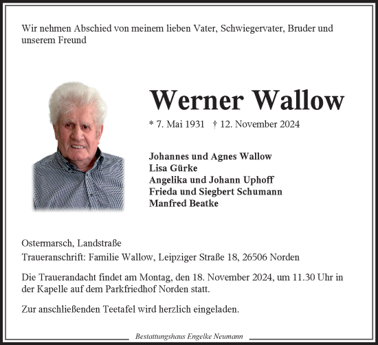 Traueranzeige von Werner Wallow von Ostfriesischer Kurier GmbH