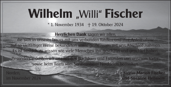 Traueranzeige von Wilhelm Fischer von Ostfriesischer Kurier GmbH