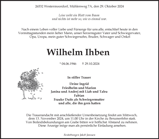 Traueranzeige von Wilhelm Ihben von Ostfriesischer Kurier GmbH