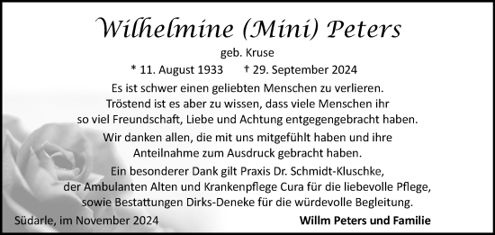 Traueranzeige von Wilhelmine Peters von Ostfriesischer Kurier GmbH